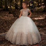 New Flower Girl Dresses Beading Sash Ball Gowns Lace Appliques Floor Length Flower Girls Princess Elegant Wedding Pageant Dresse