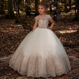 New Flower Girl Dresses Beading Sash Ball Gowns Lace Appliques Floor Length Flower Girls Princess Elegant Wedding Pageant Dresse