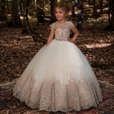 New Flower Girl Dresses Beading Sash Ball Gowns Lace Appliques Floor Length Flower Girls Princess Elegant Wedding Pageant Dresse