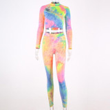 Tie dye long sleeve crop tops + leggings 2 two pieces set
