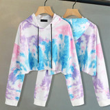 Women Long Sleeve Tie Dye Crop Hooded Sweatshirt