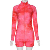 Tie Dye Ruched  Biker shorts sexy bodycon Long Sleeve rompers