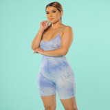 Tie Dye Backless Ribbed Knitted Biker Shorts Romper