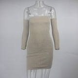 Women Long Sleeve Off Shoulder Pink Bodycon Dress