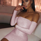 Women Long Sleeve Off Shoulder Pink Bodycon Dress