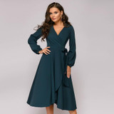 Women Casual Ruffle a Line v Neck Long Sleeve Sashes Elegant Dress