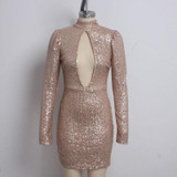 Backless Hollow Out Sequin Turtleneck Long Sleeve Plus Size Bodycon Dress