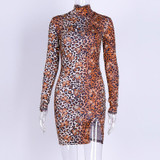 Long sleeve leopard butterfly print slit sexy mini bodycon dress