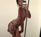Long sleeve leopard butterfly print slit sexy mini bodycon dress