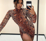 Long sleeve leopard butterfly print slit sexy mini bodycon dress