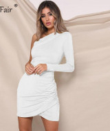 Long Sleeve One Shoulder Ruched Bodycon Casual Dress