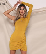 Long Sleeve One Shoulder Ruched Bodycon Casual Dress