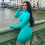 Women's Long Sleeve Turtleneck Neon Pink Bodycon Dress
