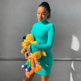 Women's Long Sleeve Turtleneck Neon Pink Bodycon Dress