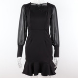 Vintage Long Sleeve Square Collar Bodycon Ruffle Hem Mini Dress