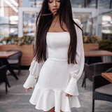Vintage Long Sleeve Square Collar Bodycon Ruffle Hem Mini Dress