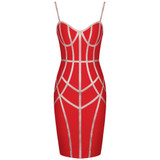 Women Metallic Striped Red Bandage Bodycon Club Party Dress