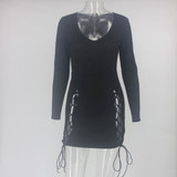 Women Long Sleeve Hollow Out Deep V Neck Black Party Sexy Dress