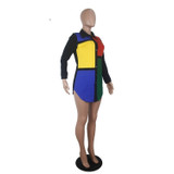 Color Patchwork Long Sleeve Turn-Down Collar Button Shirt Dress