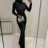 Shiny Sequin Glitter Long Sleeve High Neck Bodycon Dresses