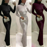 Shiny Sequin Glitter Long Sleeve High Neck Bodycon Dresses