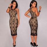 Women's Sleeveless O-Neck Lace Bodycon Dress