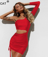 Sexy One Shoulder Women Summer Hollow Out Pleated Bandage Bodycon Dress
