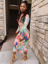 Spring Print Deep V Neck Bodycon Dress