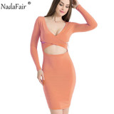 Nadafair Sexy Midi Pencil Club Bodycon Bandage Dress Women Autumn Winter Long Sleeve Red White Black Party Dress Vestidos