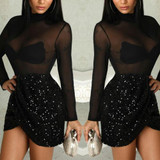 2019 Women Bandage Bodycon Long Sleeve Evening Party Club Wear See Through Short Mini Dress