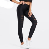Women Mesh Insert Ripped  Mid Waist Casual  Leggings Pants