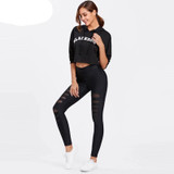 Women Mesh Insert Ripped  Mid Waist Casual  Leggings Pants