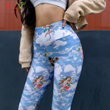 Women Angel Print Push Up High Waist Sport Workout Leggings