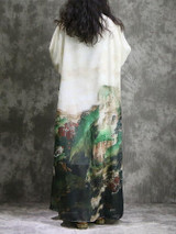Chinese National Style Long Sleeves Silk Long Dress with Natural Print