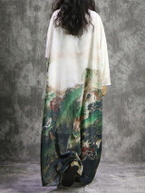 Chinese National Style Long Sleeves Silk Long Dress with Natural Print