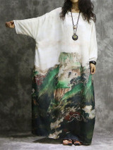 Chinese National Style Long Sleeves Silk Long Dress with Natural Print