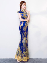Traditional Mermaid Evening Dress in Blue Color with Floral Print