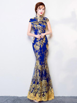 Traditional Mermaid Evening Dress in Blue Color with Floral Print