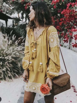 Embroidered Tasseled Puff Sleeves Mini Dress