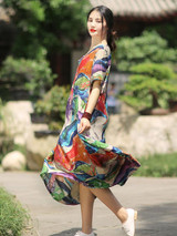 Irregular Split-Joint Floral Printing Maxi Dress