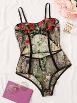 Floral Embroidered Sheer Teddy Bodysuit