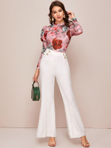 Mock Neck Gigot Sleeve Floral Print Slim Tee