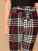  Plus Paperbag Waist Belted Plaid Pants