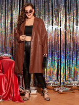 Plus Notch Collar Double Breasted Faux Leather Coat