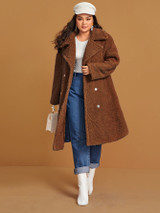 Plus Notch Collar Double Breasted Front Teddy Coat