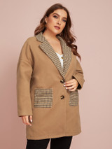 Plus Plaid Pocket Front Notch Collar Single Breasted Coat