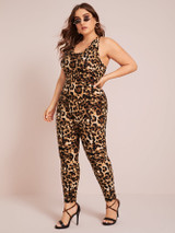 Plus Crisscross Backless Leopard Print Unitard Jumpsuit