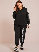 Plus Slogan Graphic Raglan Sleeve Hoodie & Sweatpants Set