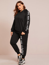 Plus Slogan Graphic Raglan Sleeve Hoodie & Sweatpants Set