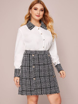 Plus Button Through Contrast Tweed Blouse With Skirt
